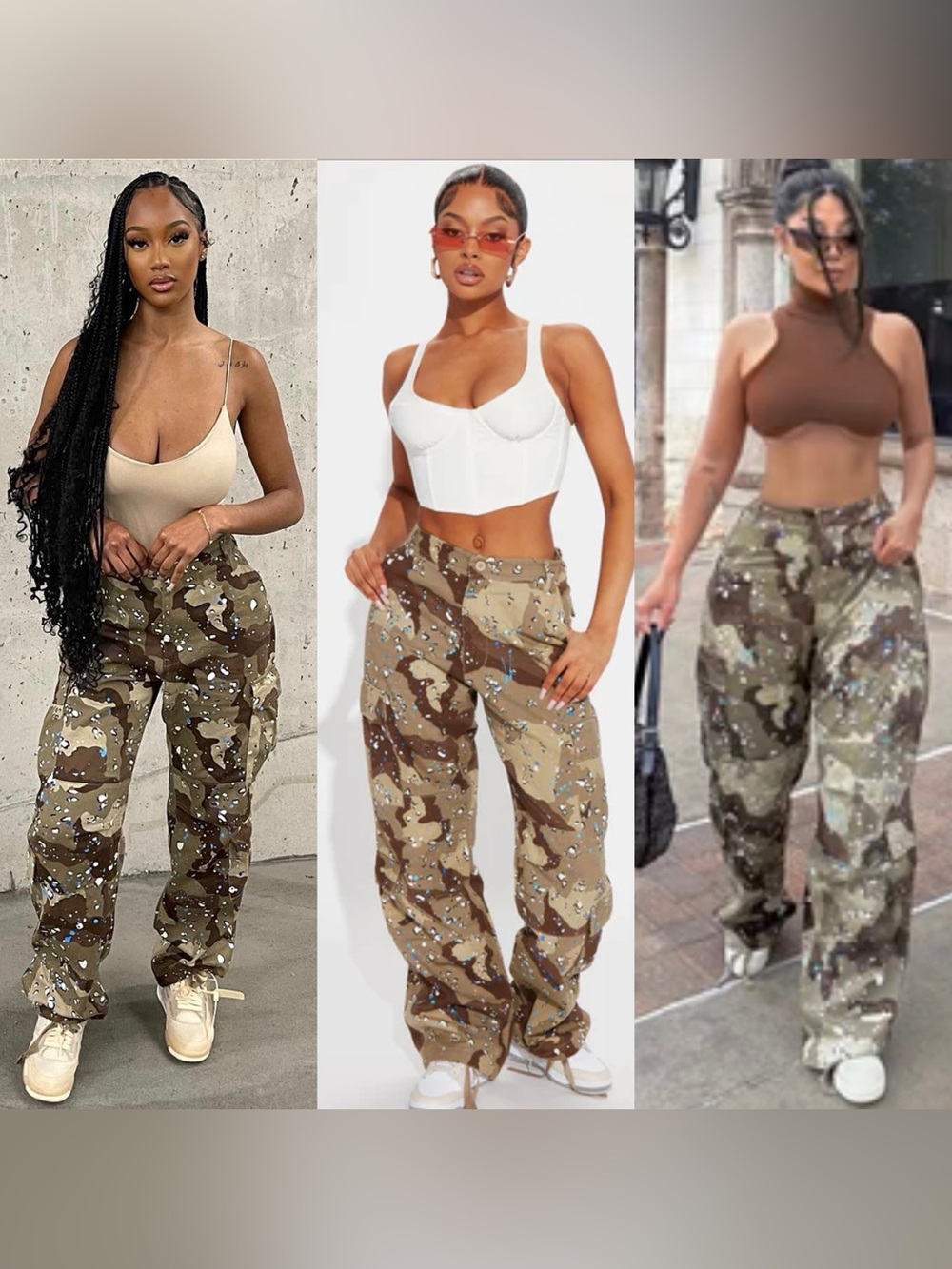 Fashion Nova Olive Green & Brown Paint-Splatter Cargo Pants